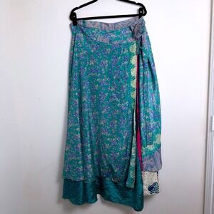 Darn Good Yarn Sari Silk Wrap Skirt Ankle Length Goddess Teal Floral Print OS